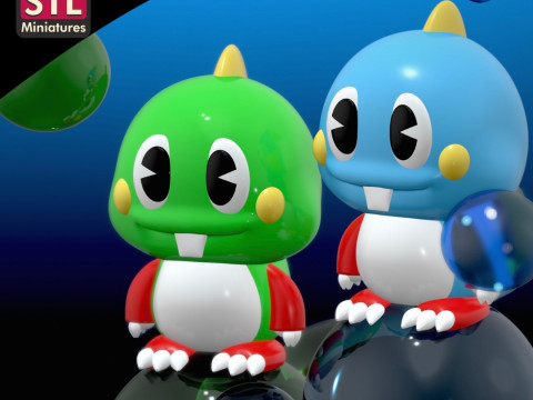 Bubble Bobble Dragons - - Chibi Style - Round Base - STL File 3D प्रिंट मॉडल