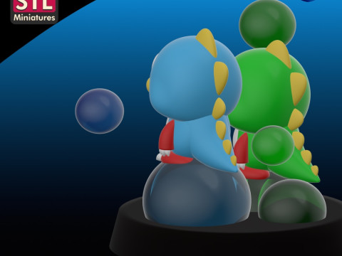 Bubble Bobble Dragons - - Chibi Style - Round Base - STL File 3D प्रिंट मॉडल