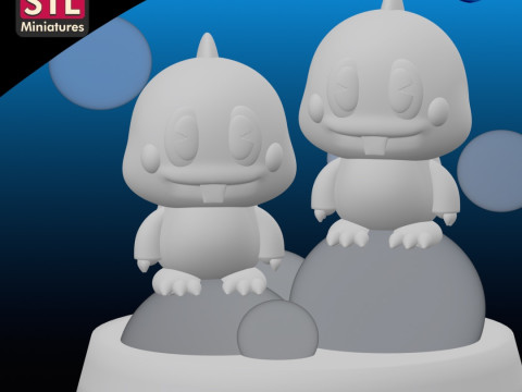 Bubble Bobble Dragons - - Chibi Style - Round Base - STL File 3D प्रिंट मॉडल