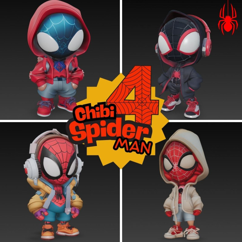 Spider-Man Mega Pack - 4-in-1 Chibi STL Collection for 3D Printing 3D Baskı Modeli .c4d .max .obj .3ds .fbx .stl .blend
