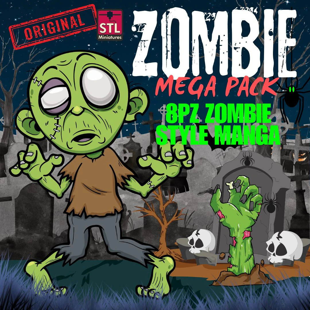 Zombie Mega Pack 8pz - Exclusive 3D Printing STL Collection - Manga-Style Zombies with Integrated Ba 3D Print Model .c4d .max .obj .3ds .fbx .stl .blend 