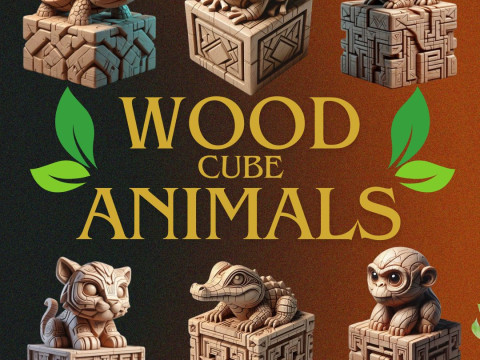 Wood Cube Animales - 3D Printing STL Collection - 6 Ethnic Style Animal Carved Cubes 3D 打印模型