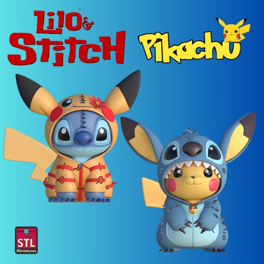 Pikachu as Stitch and Stitch as Pikachu 3D Print Model .c4d .max .obj .3ds .fbx .stl .blend 
