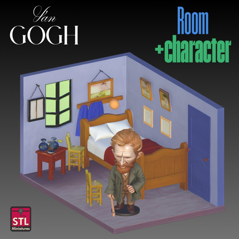 Van Gogh Chibi The Bedroom STL Files for 3D Printing Collectible Artist Tribute Set 3Dプリントモデル .c4d .max .obj .3ds .fbx .stl .blend