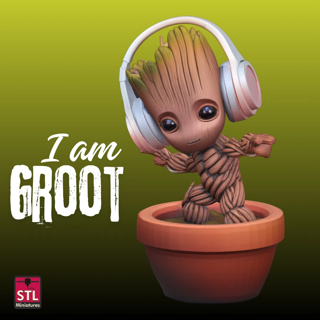 STL File Baby Groot Inspired Comic Style Headphones Clay Pot 3D Printing Model 3D Print Model .c4d .max .obj .3ds .fbx .stl .blend 