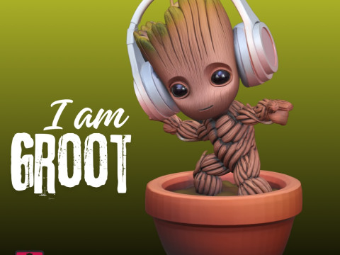 STL File Baby Groot Inspired Comic Style Headphones Clay Pot 3D Printing Model 3D Принт Модель