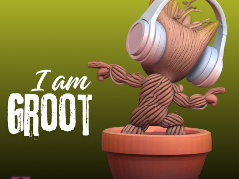 STL File Baby Groot Inspired Comic Style Headphones Clay Pot 3D Printing Model 3D 打印模型
