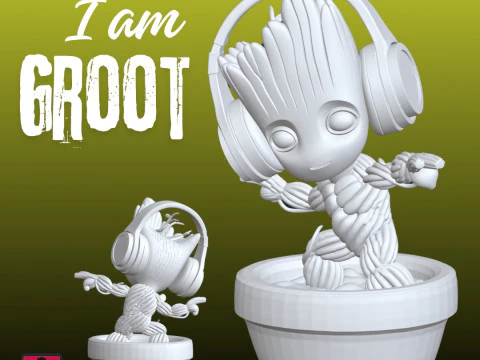 STL File Baby Groot Inspired Comic Style Headphones Clay Pot 3D Printing Model 3D Print Model