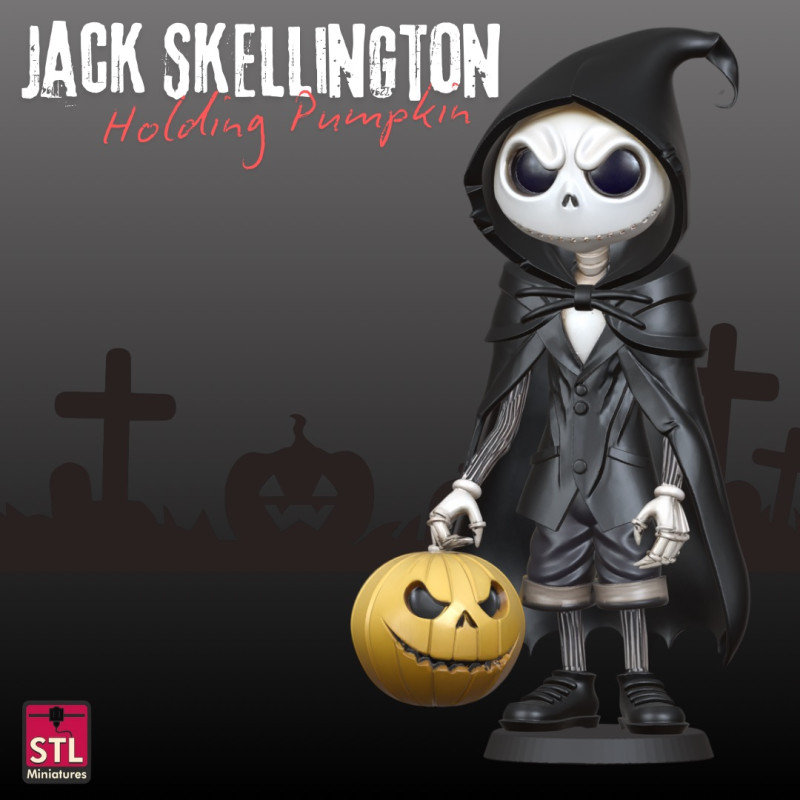 STL File Comic Style Jack Skellington Inspired Holding Pumpkin 3D Print Model Modello di stampa 3D .c4d .max .obj .3ds .fbx .stl .blend