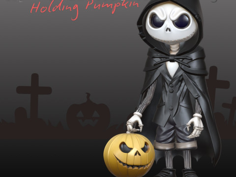 STL File Comic Style Jack Skellington Inspired Holding Pumpkin 3D Print Model Modèles 3D en vedette