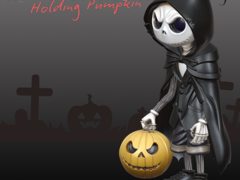STL File Comic Style Jack Skellington Inspired Holding Pumpkin 3D Print Model Modello di stampa 3D