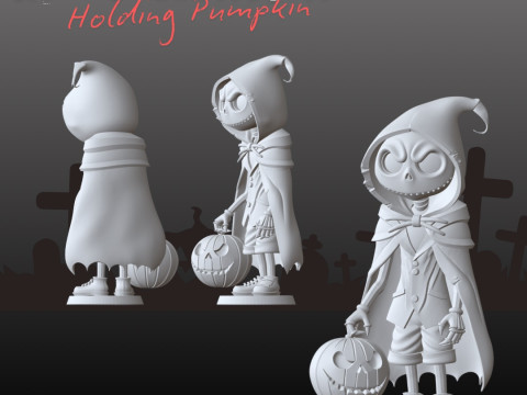 STL File Comic Style Jack Skellington Inspired Holding Pumpkin 3D Print Model Modello di stampa 3D