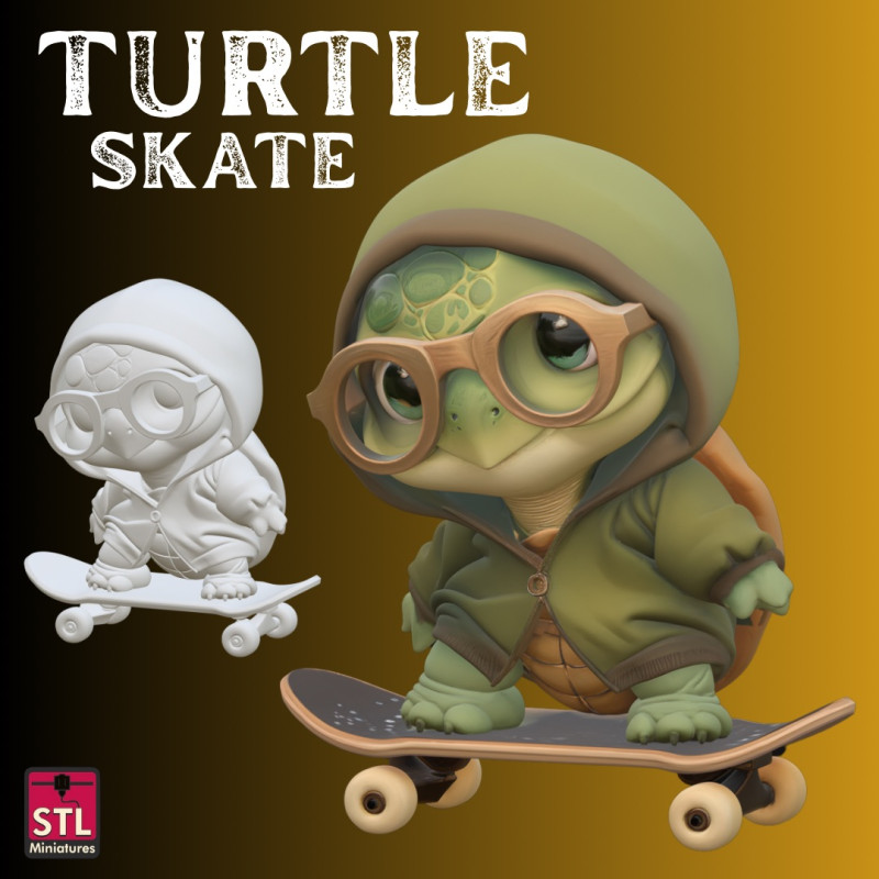 STL File Cute Little Turtle on Skateboard Cartoon Style Miniature for 3D Printing 3D-printmodel .c4d .max .obj .3ds .fbx .stl .blend