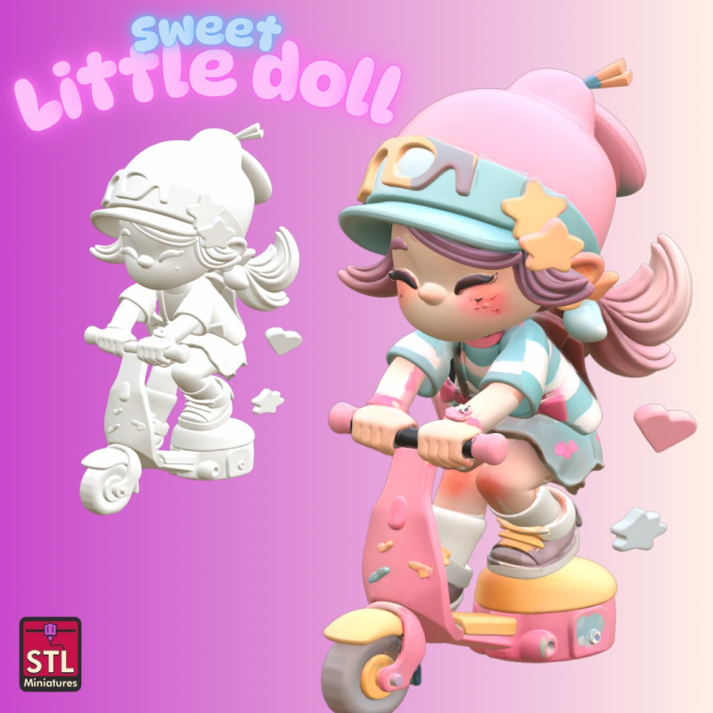 STL File Sweet Little Doll on Scooter Cartoon Style Miniature for 3D Printing Modèles 3D en vedette .c4d .max .obj .3ds .fbx .stl .blend