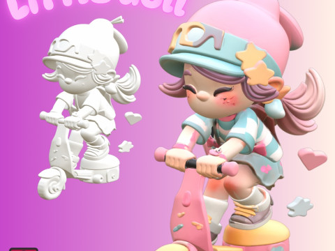 STL File Sweet Little Doll on Scooter Cartoon Style Miniature for 3D Printing 3D प्रिंट मॉडल