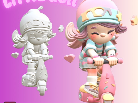 STL File Sweet Little Doll on Scooter Cartoon Style Miniature for 3D Printing Modèles 3D en vedette