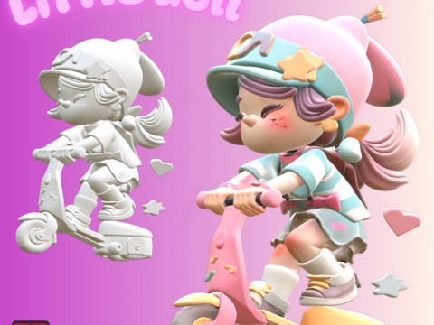 STL File Sweet Little Doll on Scooter Cartoon Style Miniature for 3D Printing Modèles 3D en vedette