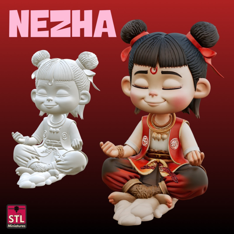 STL File Nezha Meditation Pose Comic Style FanArt 3D Printable Model Modello di stampa 3D .c4d .max .obj .3ds .fbx .stl .blend