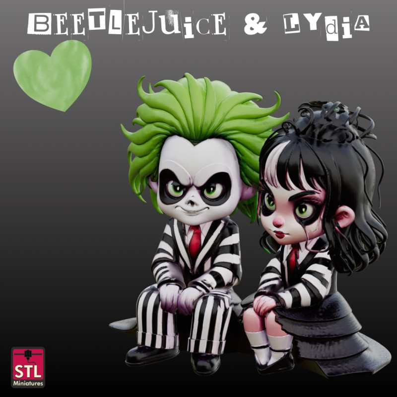 STL File Beetlejuice Lydia Chibi Couple FanArt Comic Style 3D Printable 3D प्रिंट मॉडल .c4d .max .obj .3ds .fbx .stl .blend