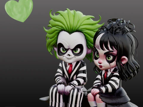 Arquivo STL Beetlejuice Lydia Chibi Casal FanArt estilo c&ocirc;mico 3D para impress&atilde;o Modelo de Impressão 3D