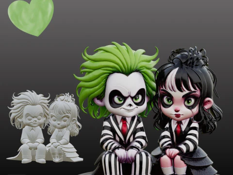 Arquivo STL Beetlejuice Lydia Chibi Casal FanArt estilo c&ocirc;mico 3D para impress&atilde;o Modelo de Impressão 3D