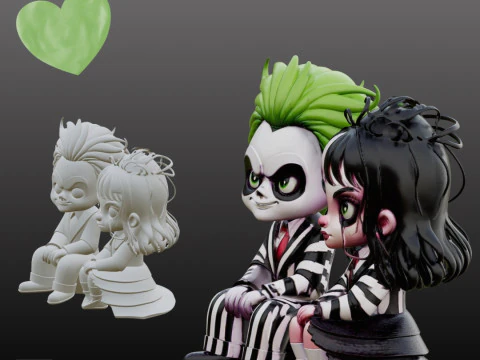 Arquivo STL Beetlejuice Lydia Chibi Casal FanArt estilo c&ocirc;mico 3D para impress&atilde;o Modelo de Impressão 3D