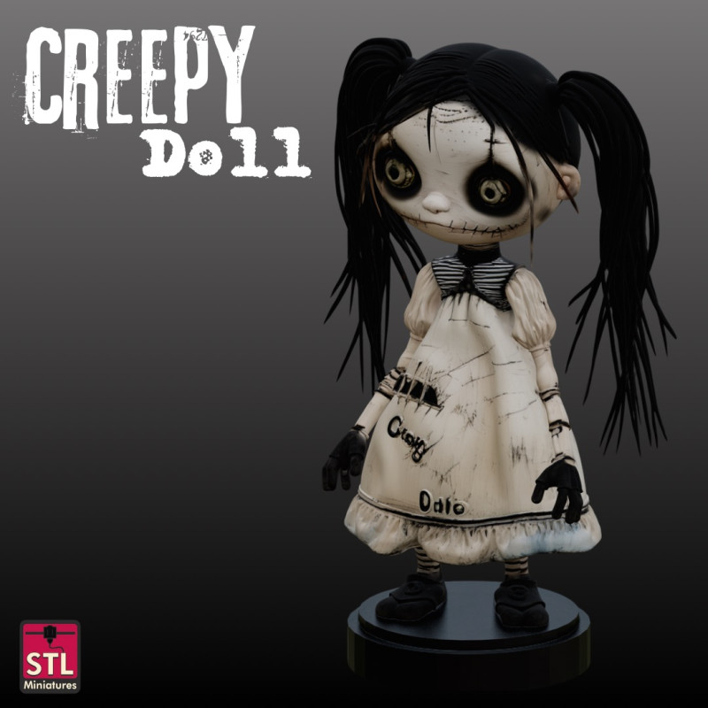 STL File Creepy Doll 3D Printable Horror Miniature Disturbing and Cute with Display Base Modelo de impresión 3D .c4d .max .obj .3ds .fbx .stl .blend