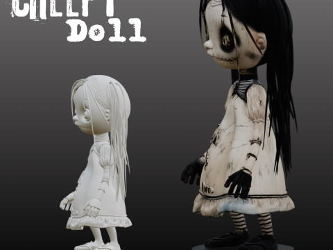 STL File Creepy Doll 3D Printable Horror Miniature Disturbing and Cute with Display Base 3D 打印模型
