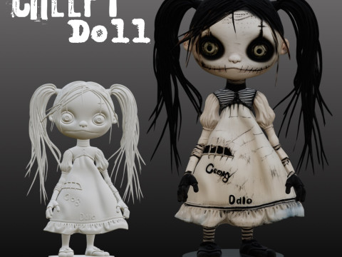 STL File Creepy Doll 3D Printable Horror Miniature Disturbing and Cute with Display Base 3D 打印模型