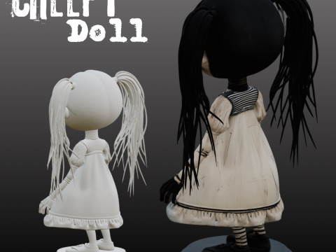 STL File Creepy Doll 3D Printable Horror Miniature Disturbing and Cute with Display Base 3D 打印模型