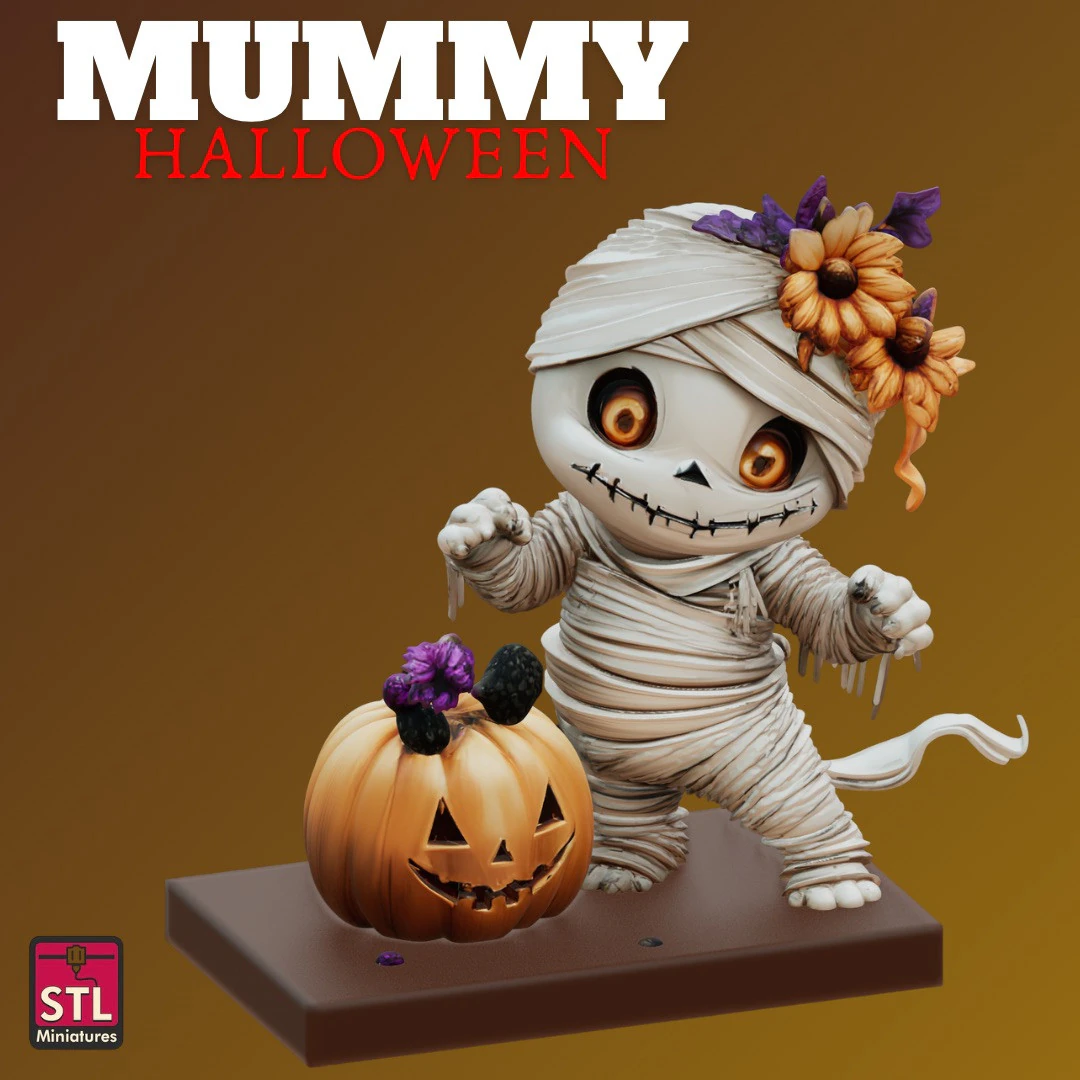 STL File Chibi Mummy with Pumpkin 3D Printable Halloween Miniature 3D Print Model .c4d .max .obj .3ds .fbx .stl .blend 