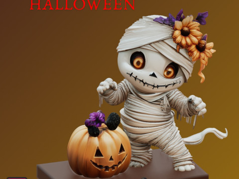 STL File Chibi Mummy with Pumpkin 3D Printable Halloween Miniature 3D Print Model