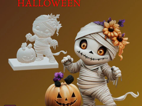STL File Chibi Mummy with Pumpkin 3D Printable Halloween Miniature 3D Print Model
