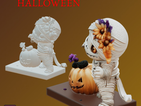 STL File Chibi Mummy with Pumpkin 3D Printable Halloween Miniature Modèles 3D en vedette