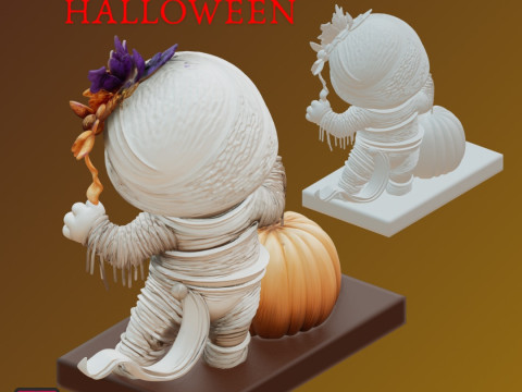 STL File Chibi Mummy with Pumpkin 3D Printable Halloween Miniature Modèles 3D en vedette