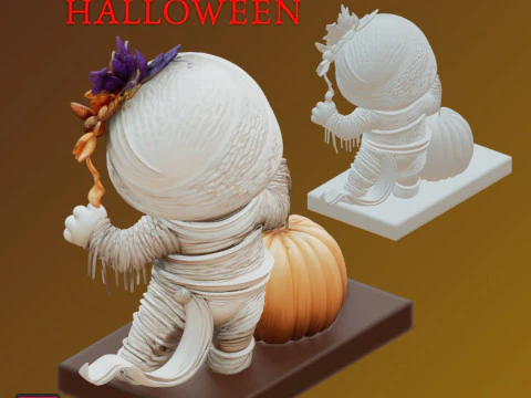 STL File Chibi Mummy with Pumpkin 3D Printable Halloween Miniature 3D Print Model