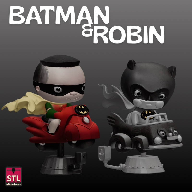 STL Files Chibi Batman Robin 3D Printable Heroic Duo on Coin-Op Rides 3D प्रिंट मॉडल .c4d .max .obj .3ds .fbx .stl .blend