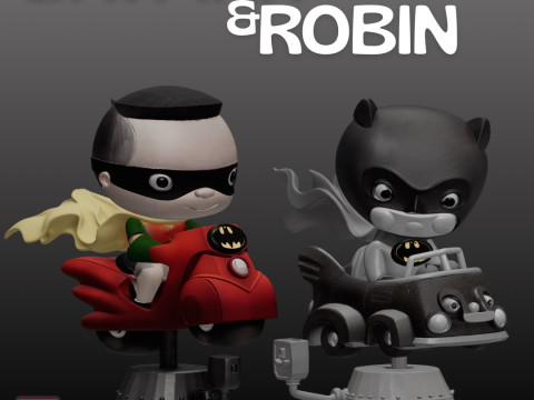 STL Files Chibi Batman Robin 3D Printable Heroic Duo on Coin-Op Rides 3D Print Model