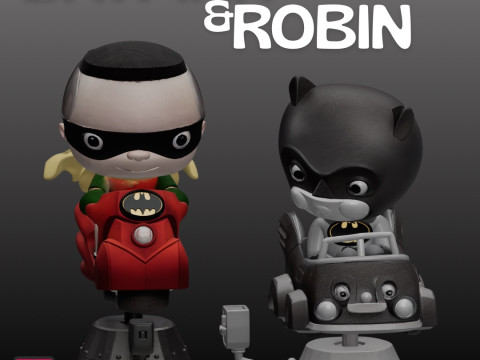 STL Files Chibi Batman Robin 3D Printable Heroic Duo on Coin-Op Rides 3D प्रिंट मॉडल
