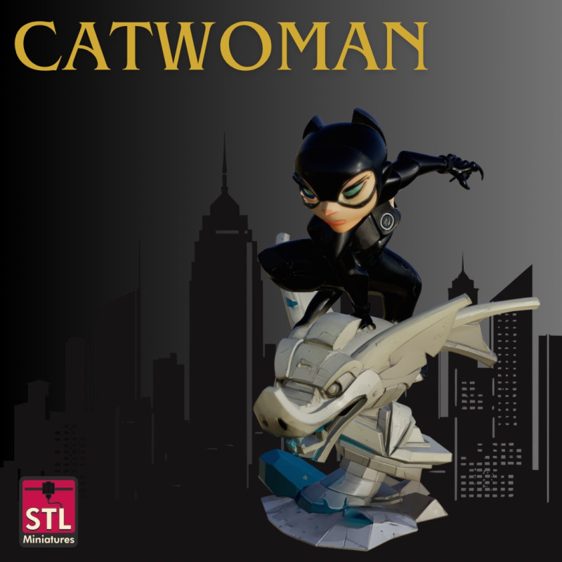 STL File Chibi Catwoman 3D Printable Comic-Style Heroine on Gargoyle 3D 打印模型 .c4d .max .obj .3ds .fbx .stl .blend