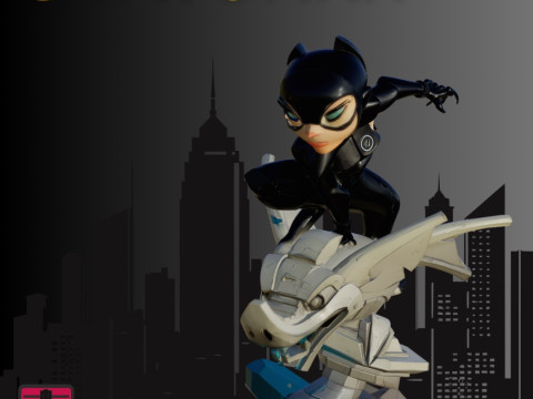 STL File Chibi Catwoman 3D Printable Comic-Style Heroine on Gargoyle 3D Print Model