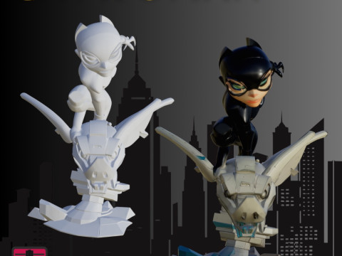STL File Chibi Catwoman 3D Printable Comic-Style Heroine on Gargoyle 3D 打印模型