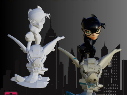 STL File Chibi Catwoman 3D Printable Comic-Style Heroine on Gargoyle 3D Print Model