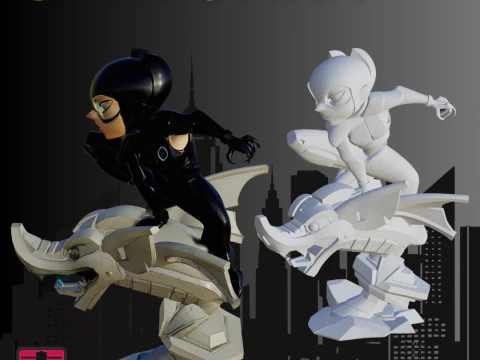 STL File Chibi Catwoman 3D Printable Comic-Style Heroine on Gargoyle 3D Print Model