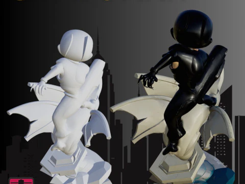 STL File Chibi Catwoman 3D Printable Comic-Style Heroine on Gargoyle 3D Print Model