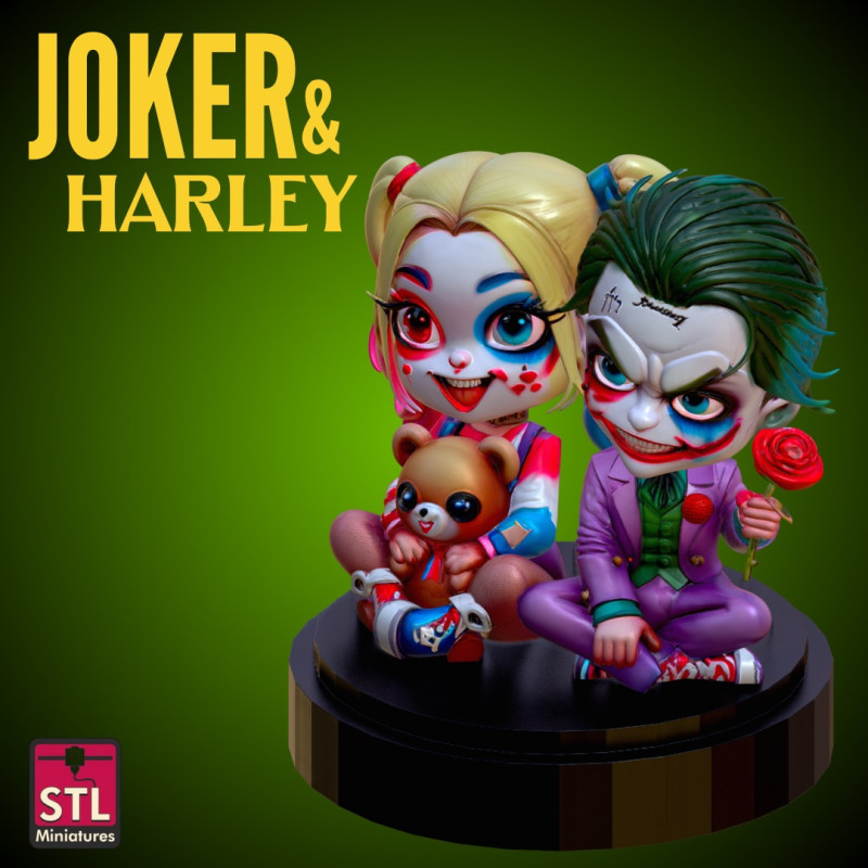 STL File Chibi Joker Harley Quinn 3D Printable Horror-Fantasy Couple on Love Base 3D printmodel .c4d .max .obj .3ds .fbx .stl .blend