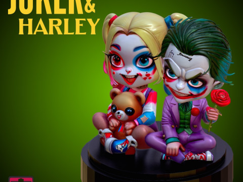 STL File Chibi Joker Harley Quinn 3D Printable Horror-Fantasy Couple on Love Base 3D-printmodel
