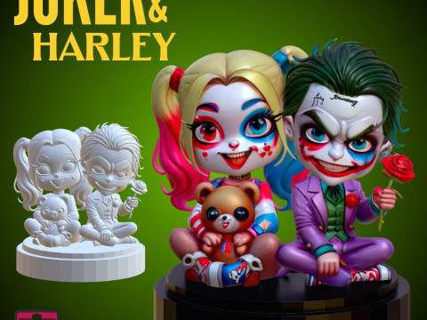 STL File Chibi Joker Harley Quinn 3D Printable Horror-Fantasy Couple on Love Base 3D printmodel