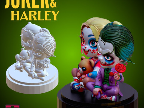 STL File Chibi Joker Harley Quinn 3D Printable Horror-Fantasy Couple on Love Base 3D printmodel