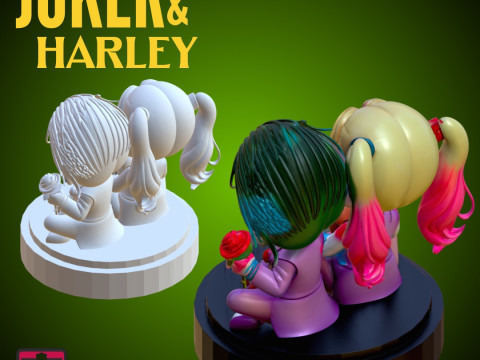 STL File Chibi Joker Harley Quinn 3D Printable Horror-Fantasy Couple on Love Base 3D printmodel
